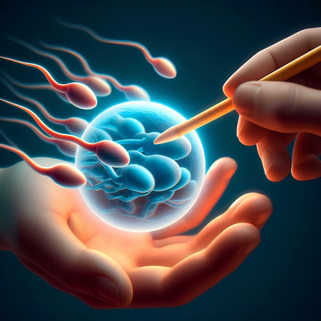Sperm and egg cell in human hand, 3D illustration.の素材