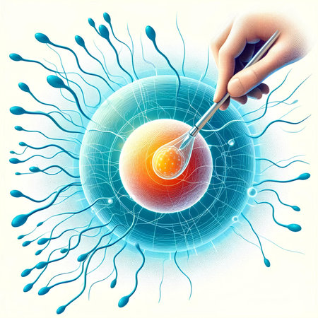 Human hand holding spermatozoons in the egg cell. Vector illustration.の素材
