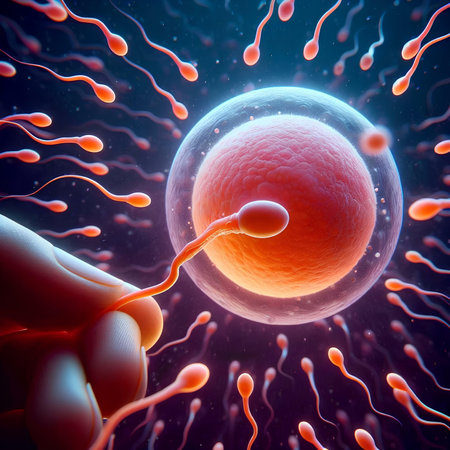 Human egg cell with sperm and egg cell. 3D illustration.の素材