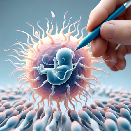 Human fetus and spermatozoons. 3d illustration of human fetus and spermatozoonsの素材