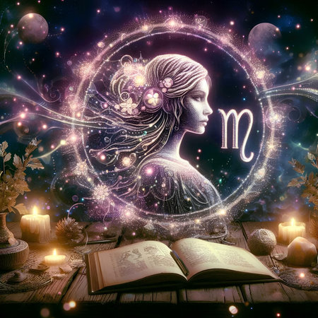 Zodiac sign Virgo with open book on a wooden table.の素材