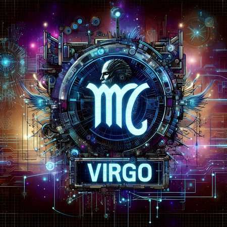 Virgo Zodiac sign on futuristic background. Astrology and horoscope concept.の素材