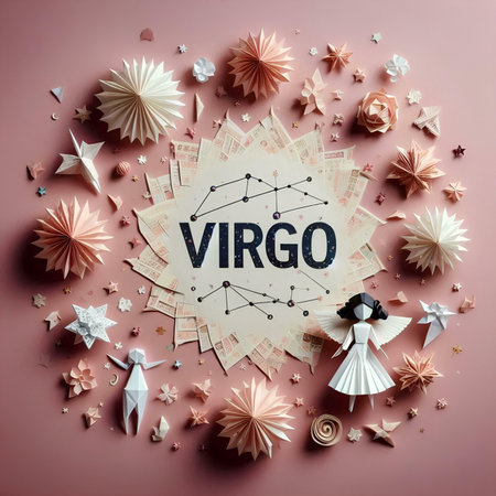 Virgo zodiac sign with paper origami girls on pink backgroundの素材