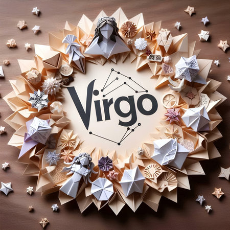 Virgo with origami paper stars and letters on wooden backgroundの素材