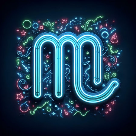 Virgo zodiac sign in neon style on dark background. Vector illustration.の素材