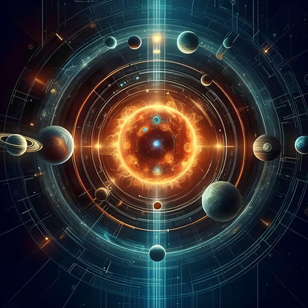 Futuristic space background with planets and stars. 3d renderingの素材