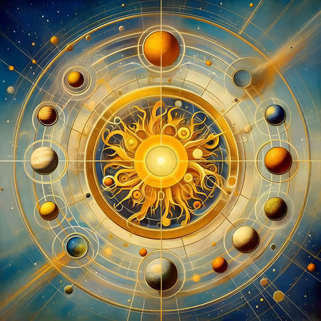 abstract background with planets, stars and sun. 3d illustrationの素材