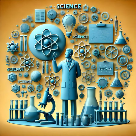 Science concept with scientist and science icons on yellow background, vector illustrationの素材