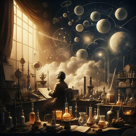 Fantasy science fiction image of a female scientist sitting in her laboratory.の素材