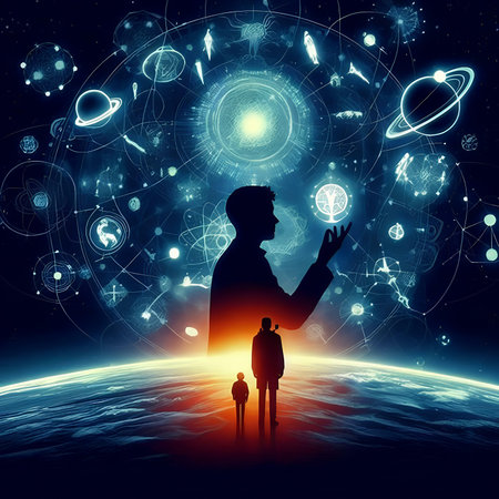 Silhouette of father and son in space. Elements of this image furnished by NASAの素材