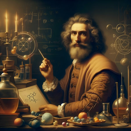 medieval scientist in the laboratory. Vintage style toned picture.の素材