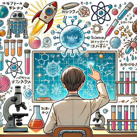 Back view of young scientist looking at the atom in the laboratory. vector illustrationの素材