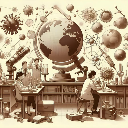 Scientist working in laboratory. Vector illustration of science and education.の素材