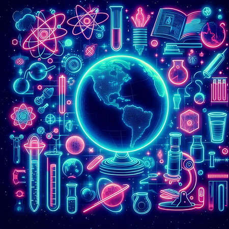 Scientific chemistry background. Vector illustration in neon style with globe, microscope, test tubes, test tubes and science symbols.の素材