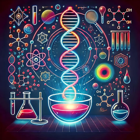 Vector illustration of science and medical background with DNA molecule and chemical elements.の素材