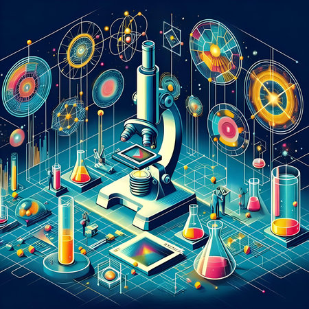 Science and technology background with microscope, test tubes and science experiments, vector illustrationの素材
