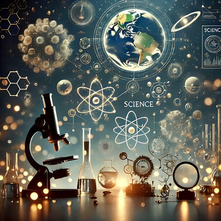 Science Research and Development Concept. Microscope, Test Tube, Earth Globe and Other Elements of this Image furnished by NASAの素材