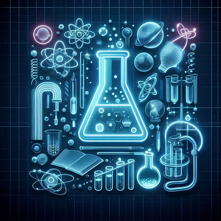 Science background with science symbols and elements. 3d rendering toned imageの素材