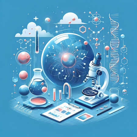 Science Research and Development. Microscope, test tube, microscope, smartphone, test tube. Vector illustration.の素材