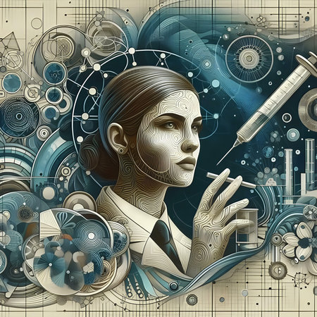 Digital illustration of a female scientist in futuristic style. 3D renderingの素材