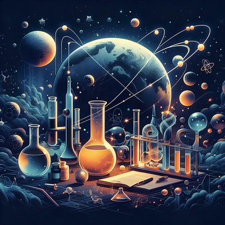 Science background with planet and chemical flasks. 3d illustration.の素材