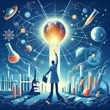 Vector illustration of a scientist looking for a solution to a problem.の素材