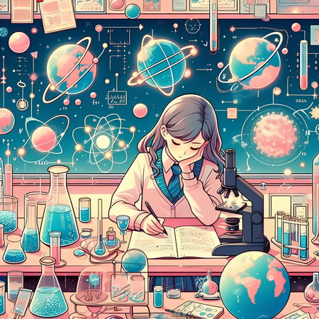 Scientist girl working with microscope in science laboratory. Vector illustration.の素材