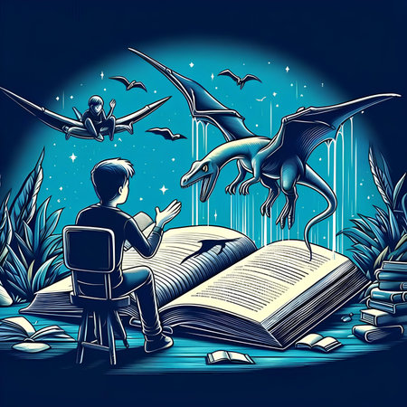 Illustration of a boy reading a book with dinosaurs in the backgroundの素材