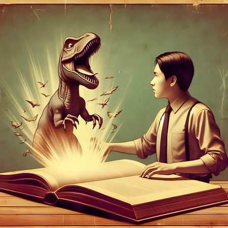 Boy reading a book with a dinosaur coming out of the book.の素材