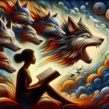 Woman reading a book with wolves in the background. Vector illustration.の素材