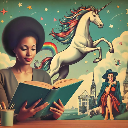 Fashionable girl reading a book with a unicorn in the backgroundの素材