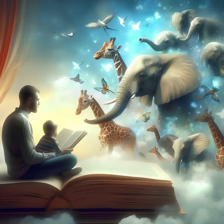 Father reading a book to his son and the animals flying around himの素材