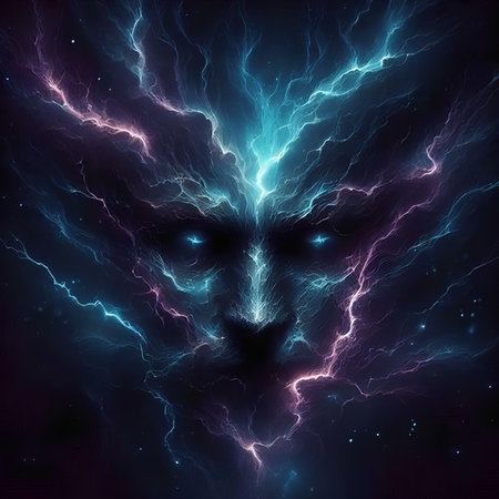 Blue lightning in space, computer generated abstract background, 3D renderingの素材