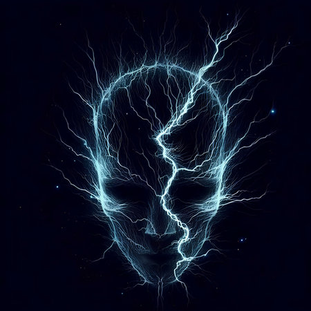 Human head with electric lightning on dark background. 3D illustration.の素材