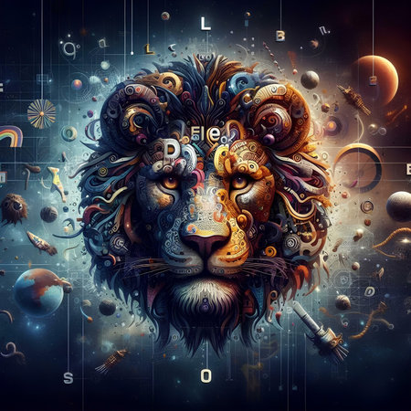 Lion head on space background with stars and planets. 3D renderingの素材