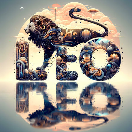 Zodiac sign Leo with reflection in water. Toned illustration.の素材