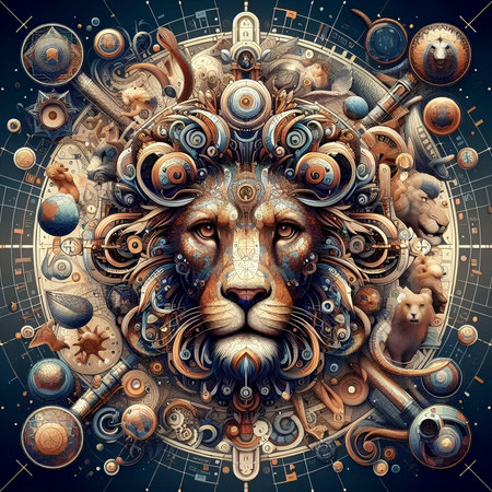 Lion head in a circle of cosmic elements. 3d renderingの素材