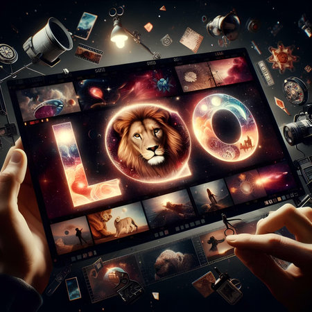 Close up of human hands holding tablet pc with image of lion. mixed mediaの素材