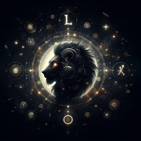 Zodiac sign Leo. Zodiacal horoscope circle background.の素材