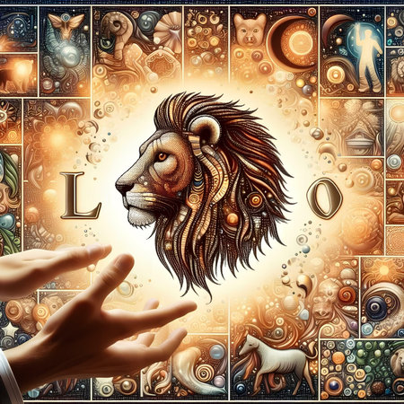 Lion head and human hands. Zodiac signs. 3D renderingの素材