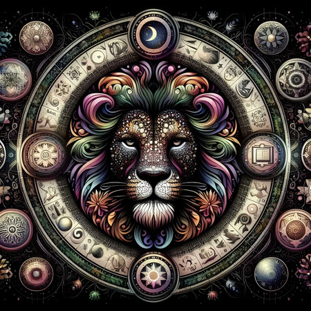 Lion in a circle. Zodiac sign. Zodiac background.の素材
