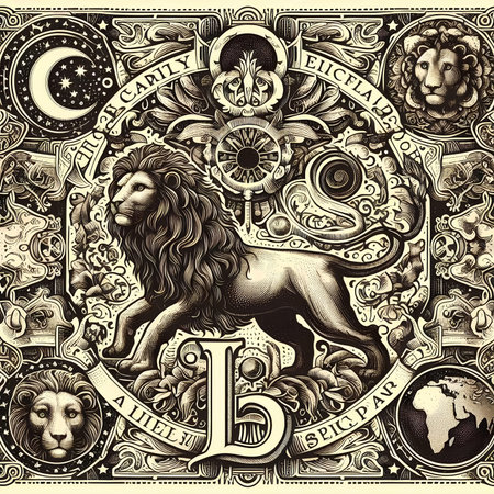 Lion and the moon. Zodiac sign. Vintage style.の素材