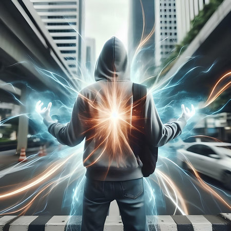 Back view of hacker in hoodie standing against modern cityscape backgroundの素材