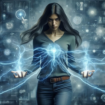 Young woman with electric lightning in her hands. 3D rendering.の素材