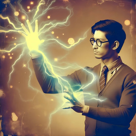 Young asian businessman holding lightning bolt in his hand over dark backgroundの素材