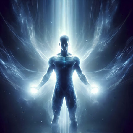 Digital illustration of a human body with energy rays in the background.の素材