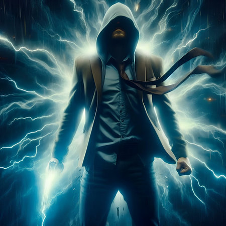 Man in a black suit with a hood on his head and lightning around himの素材