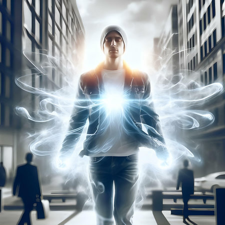 Portrait of young man in modern city with glowing light. mixed mediaの素材