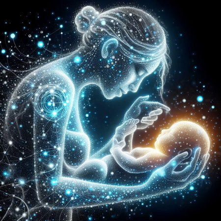Digital illustration of a mother holding her baby in her hands against starry backgroundの素材