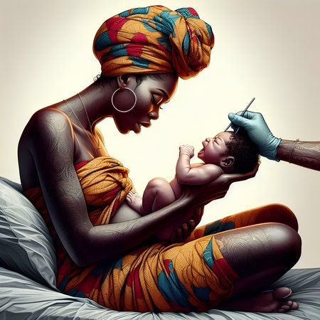 Beautiful African woman with baby in her arms. Conceptual illustration.の素材